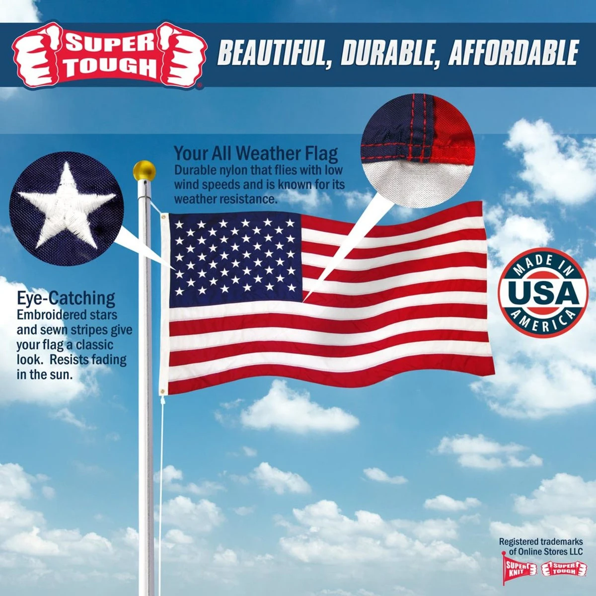 Super Tough Brand USA 2.5ft X 4ft Nylon Flag 3 Super Tough Brand USA 2.5ft X 4ft Nylon Flag - Image 3
