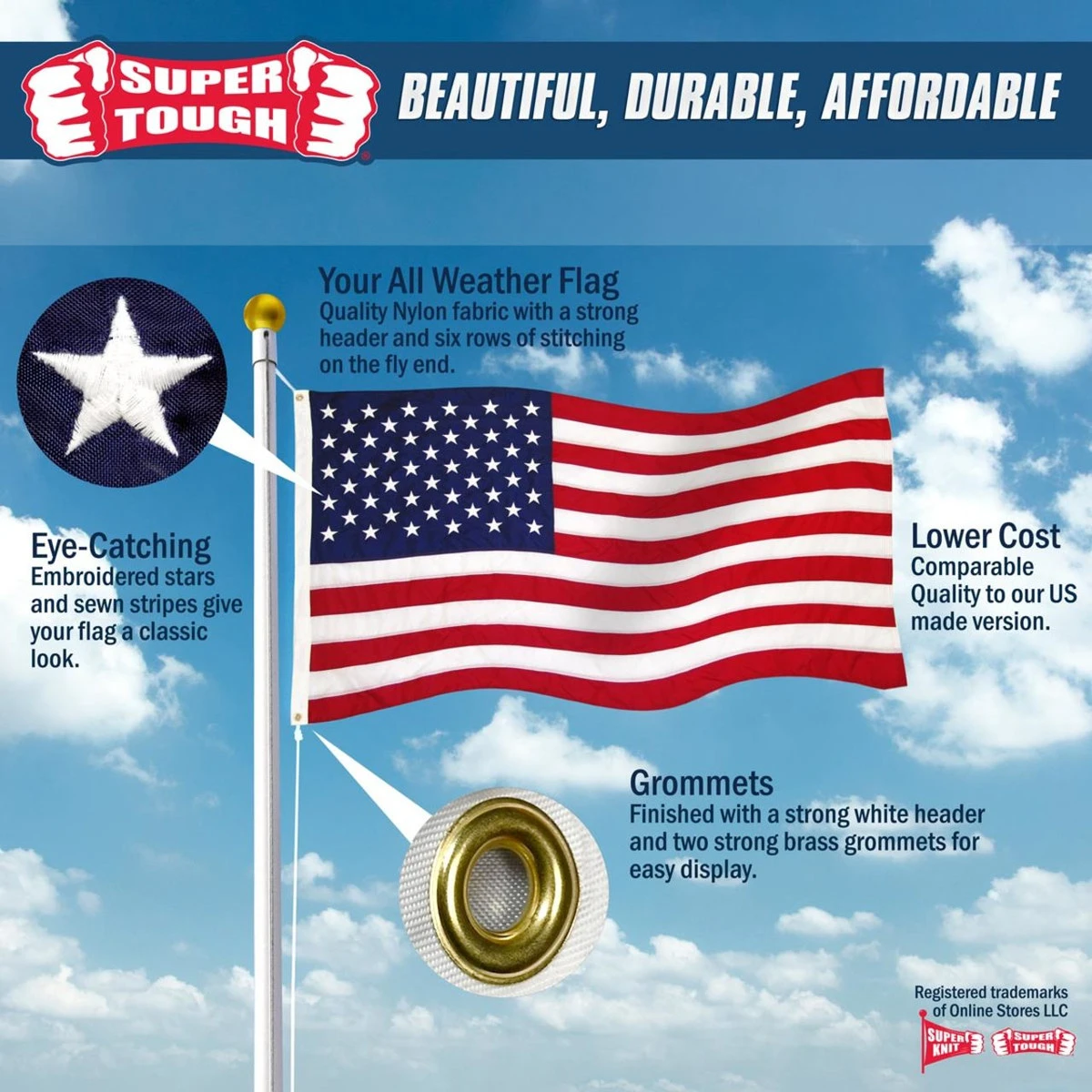 Super Tough US Flag 2ft X 3ft Sewn Nylon - (Imported) 2 Super Tough US Flag 2ft X 3ft Sewn Nylon - (Imported) - Image 2