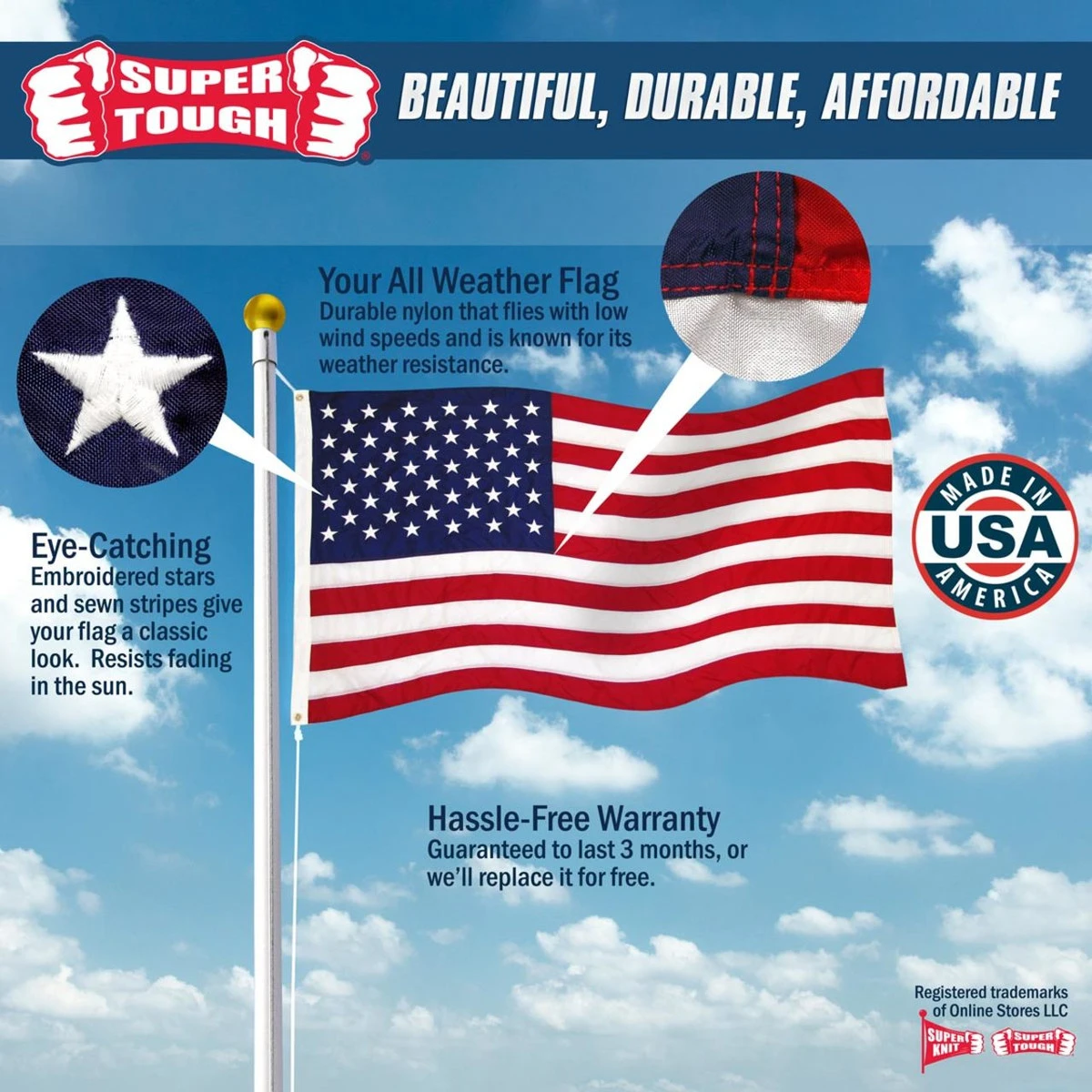 Super Tough Brand USA 2ft X 3ft Nylon Flag 3 Super Tough Brand USA 2ft X 3ft Nylon Flag - Image 3
